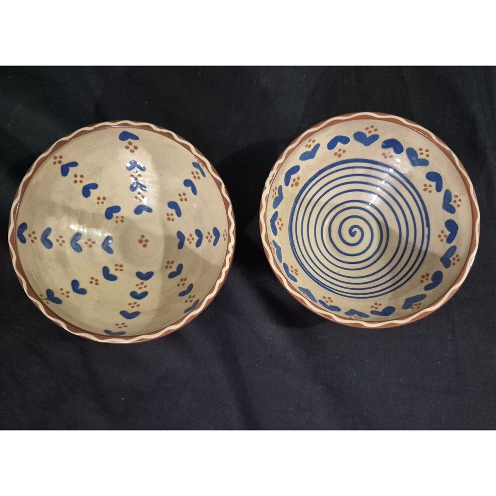 2 Hand-Painted Glazed Terracotta Bowls Featuring Cobalt Blue Motifs & Heart's